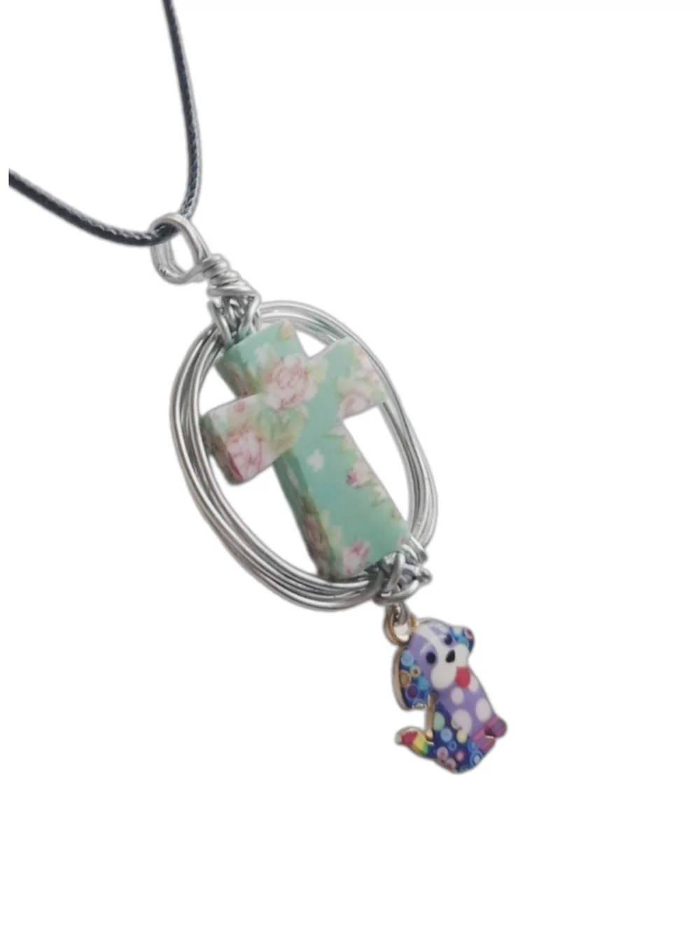 Floral Mint Cross Pendant & Colorful Puppy Charm w/ Cord Necklace| NWOT